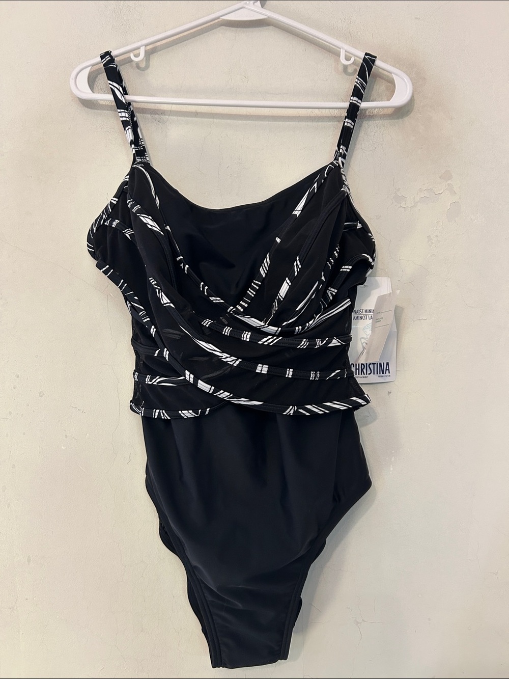 Christina Black One-Piece Swimsuit with White Stripe Accents Size 14 NWT